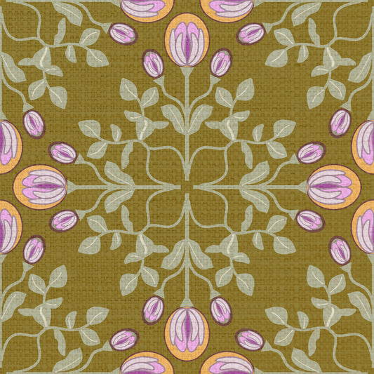 Symmetric Floral Renaissance on Olive Green Wallpaper⁠