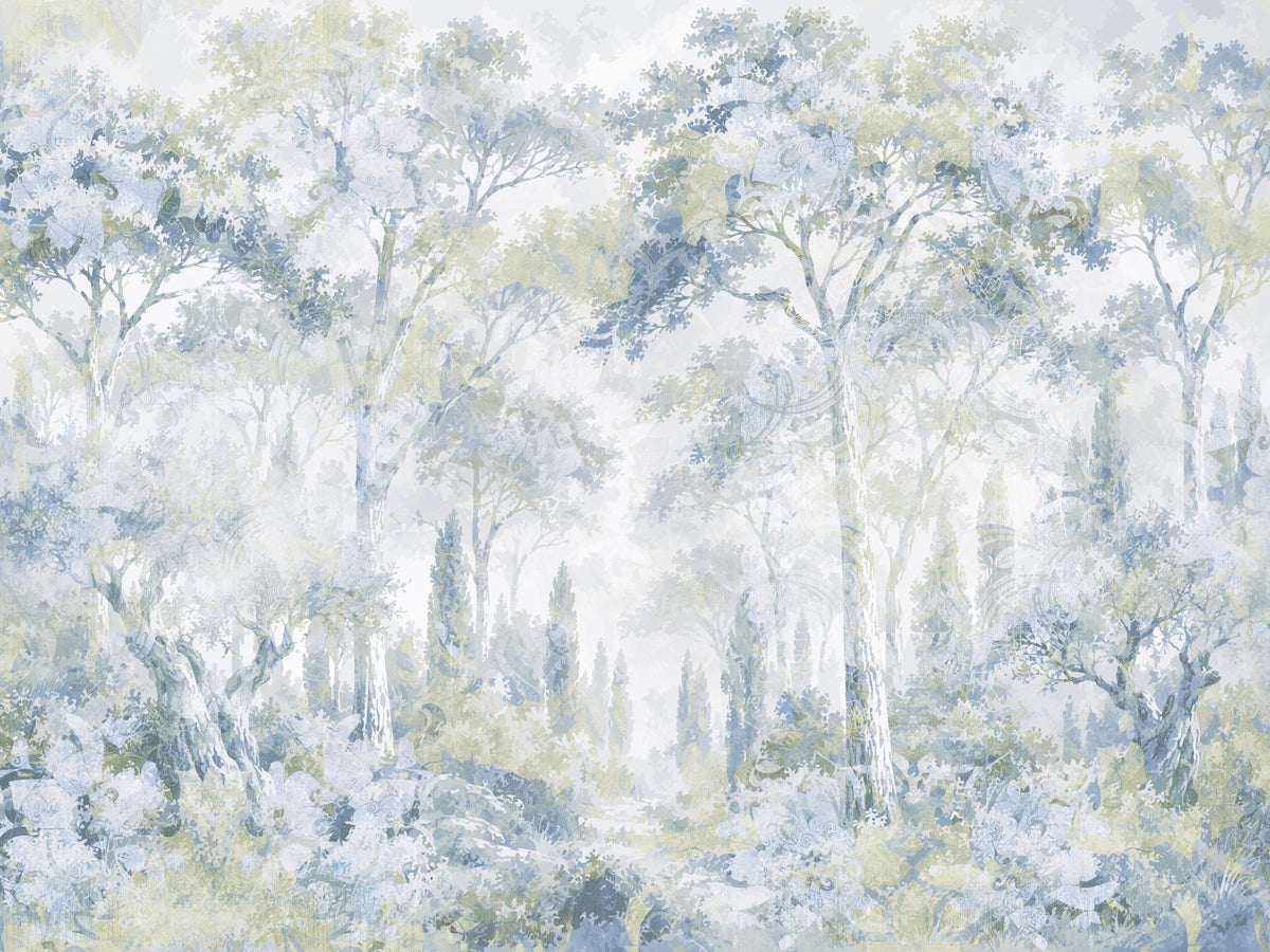 Misty Icy Blue Tuscan Forest Path wall mural Wall Mural