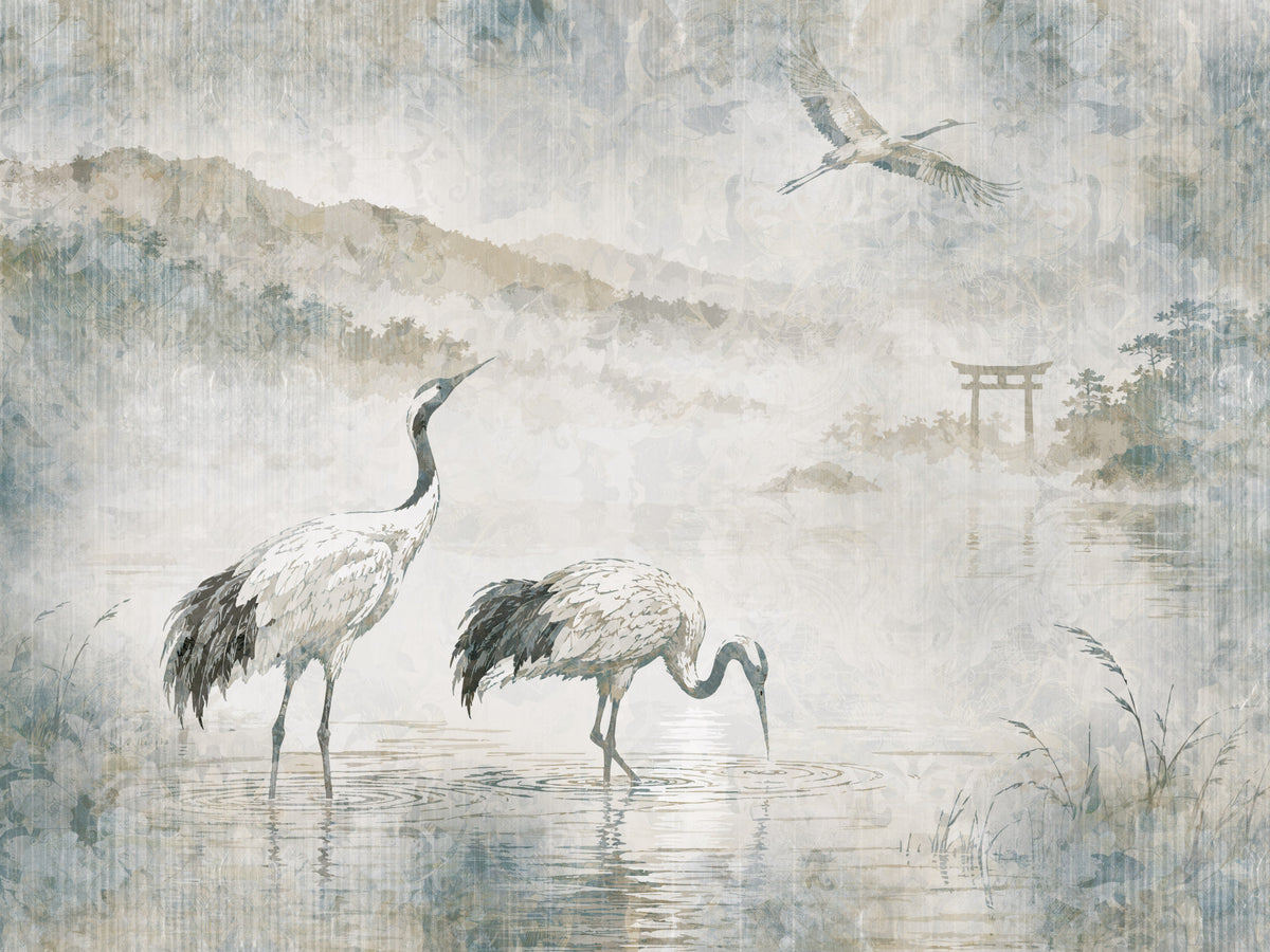 Serene Japanese Landscape & Crane Mural Wall Mural