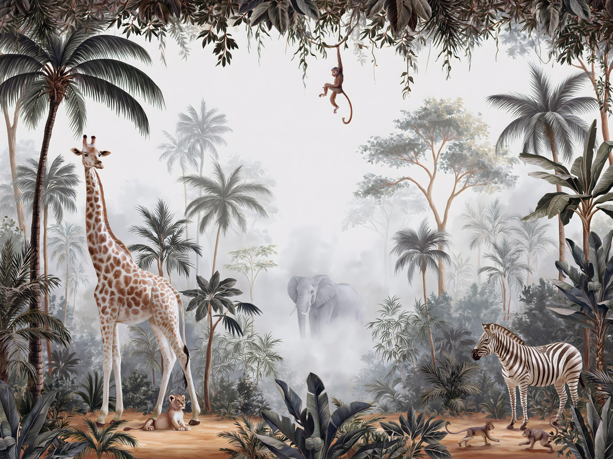 Misty Tropical Safari Wildlife Wall Mural in your room — zoomed