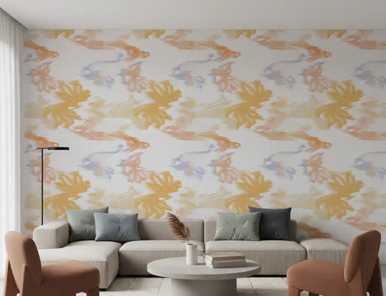 Living room styled with Lavado de Pastel Fluido wallpaper in soft pastel flow, GD9258