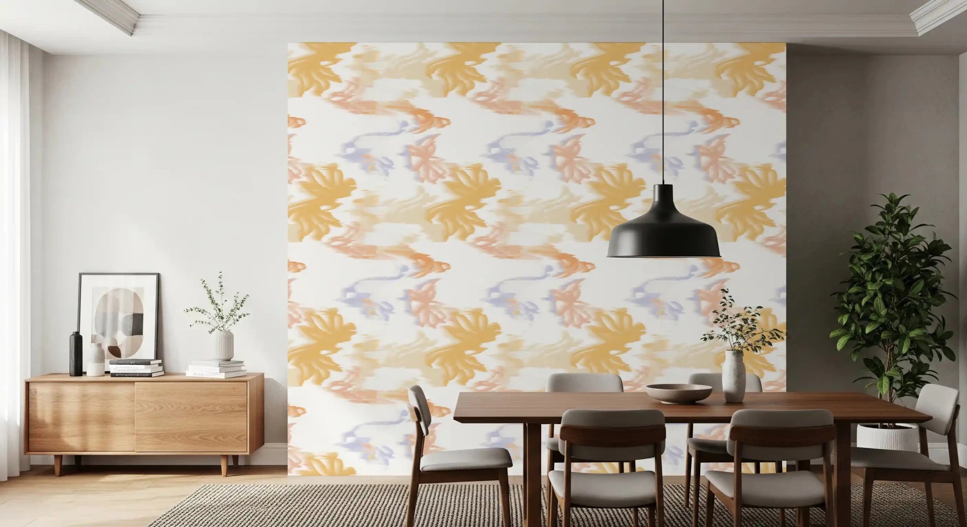 Dining room setup using Lavado de Pastel Fluido wallpaper in pastel design
