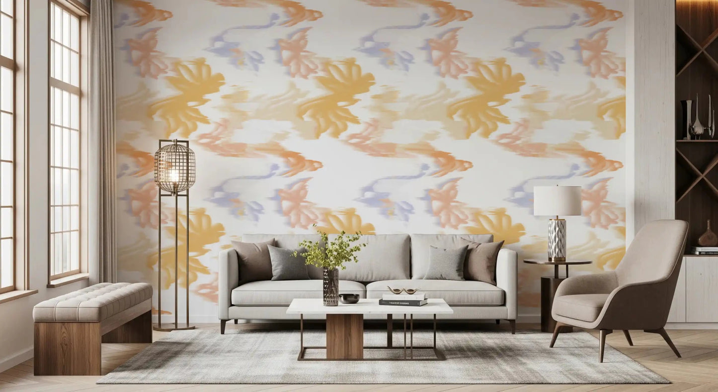 Living room space with Lavado de Pastel Fluido wallpaper showing fluid colors