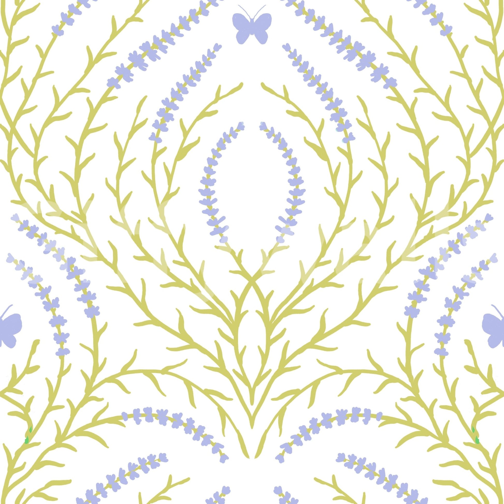 Floral and butterfly motifs of the Lavender Bloom and butterflies Wallpaper.
