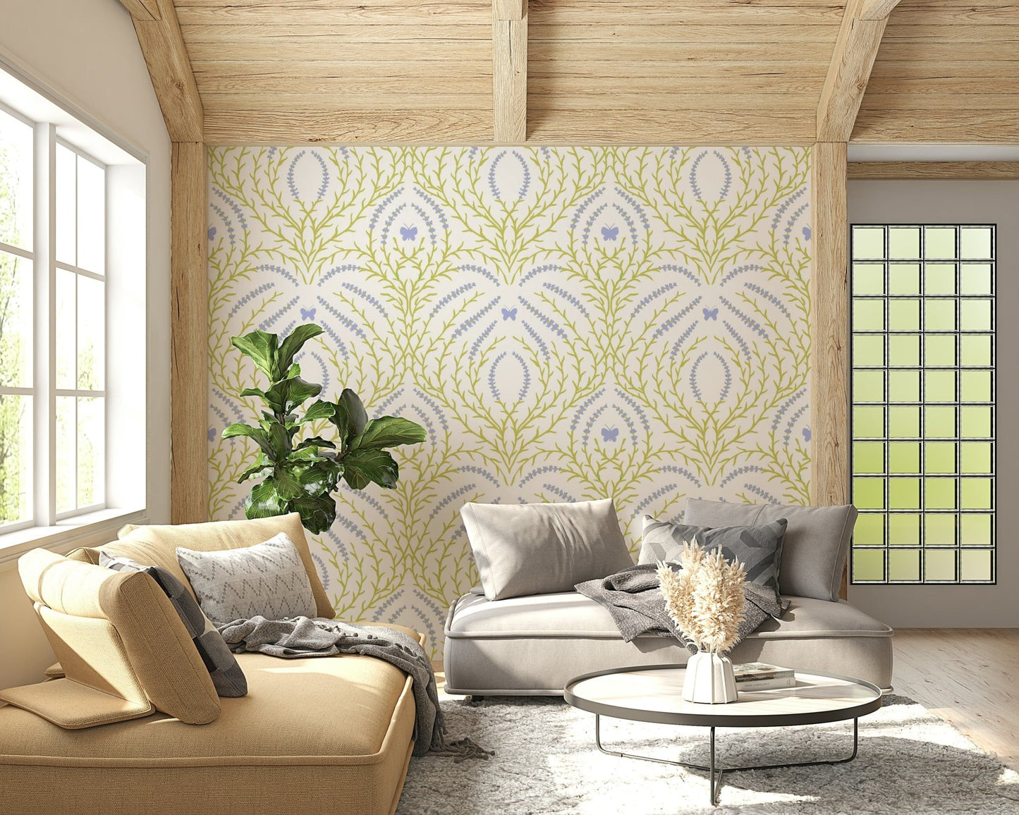 Light and airy wallpaper for walls using the Lavender Bloom and butterflies Wallpaper.