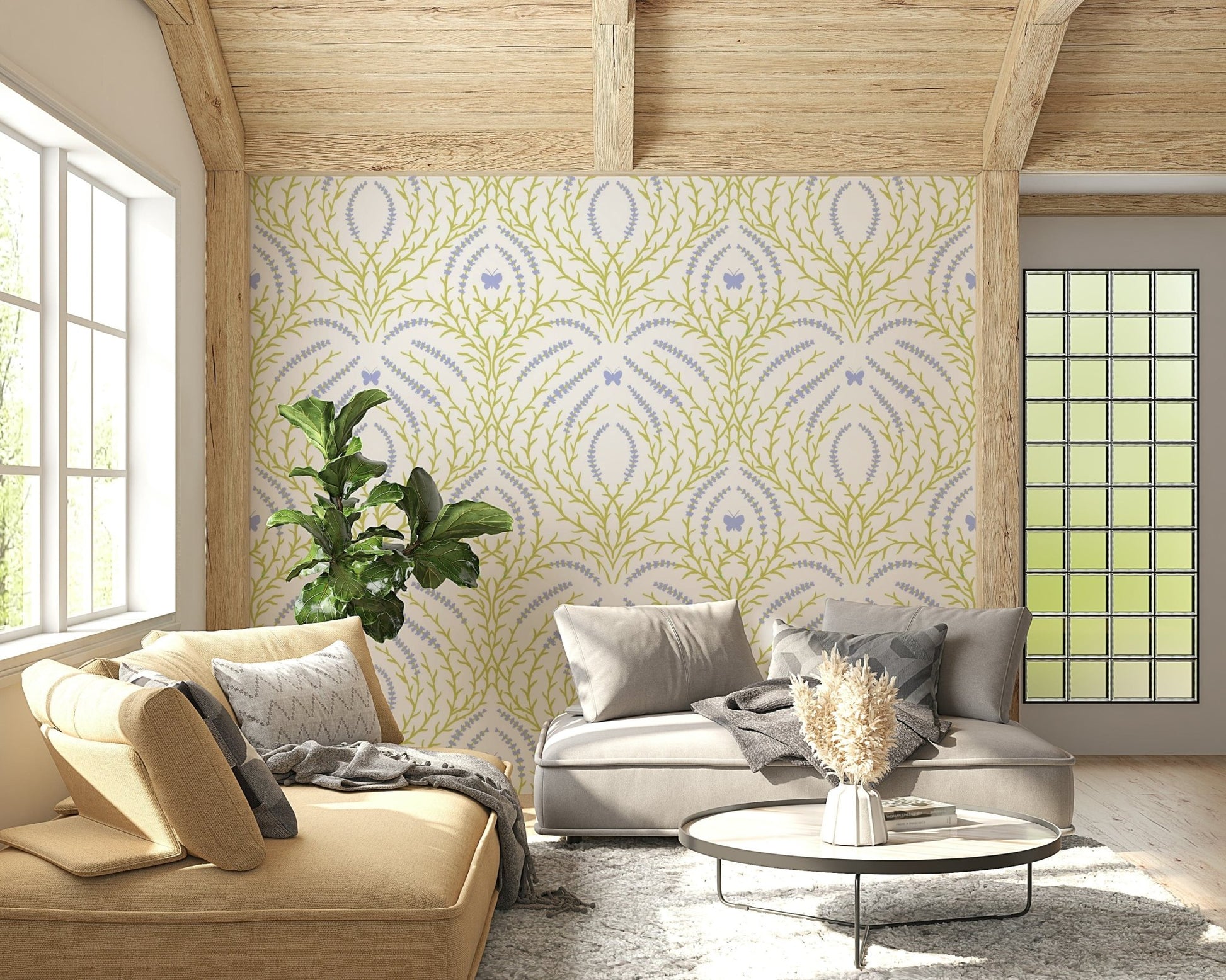 Light and airy wallpaper for walls using the Lavender Bloom and butterflies Wallpaper.