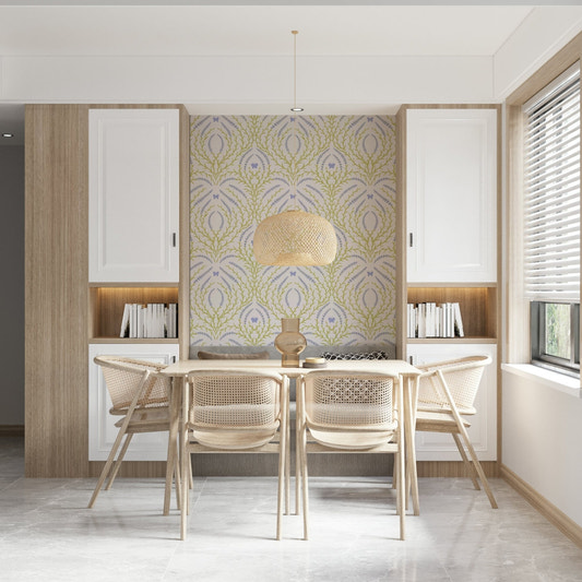 Lavender Bloom and butterflies Wallpaper in a peaceful master bedroom.