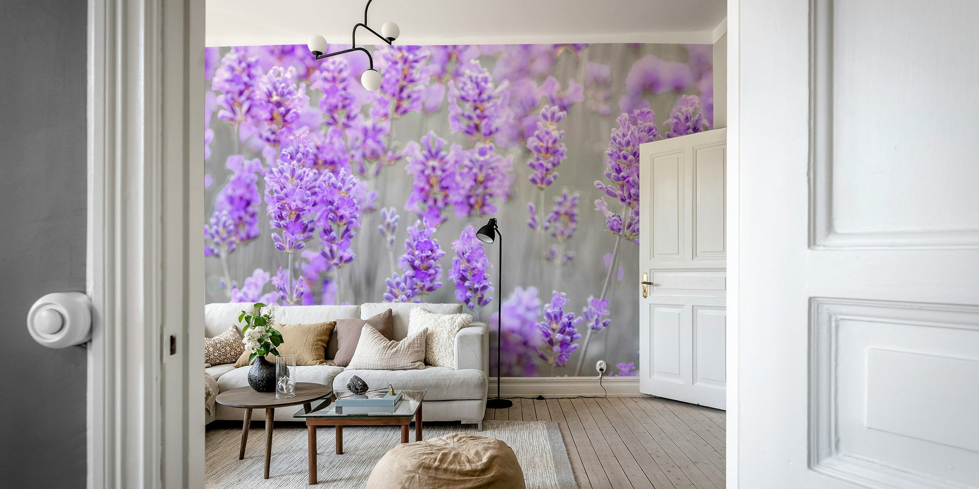 A minimalist interior with the lavender-themed wallpaper.

