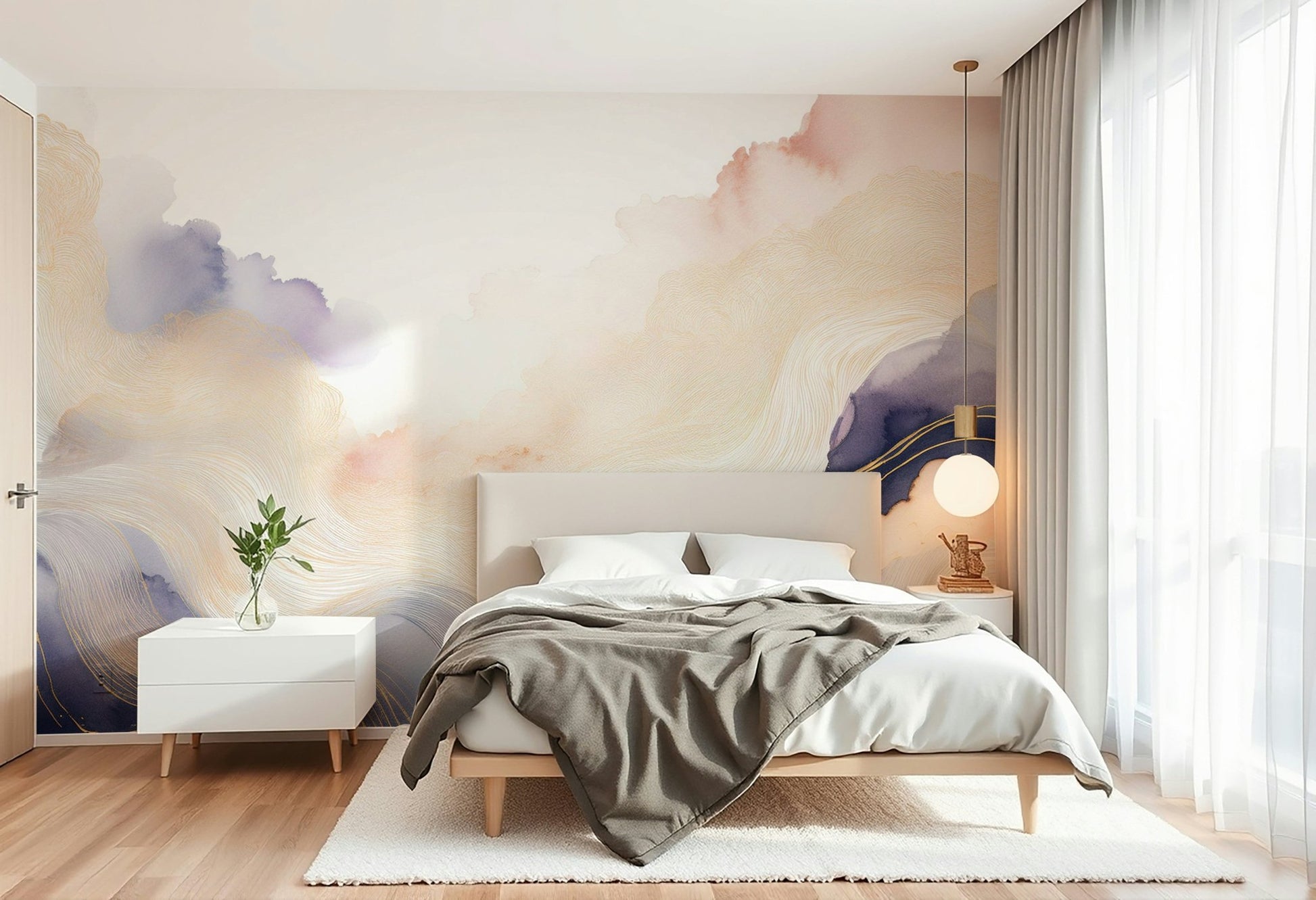 Soothing lavender cloud wall mural for living rooms


