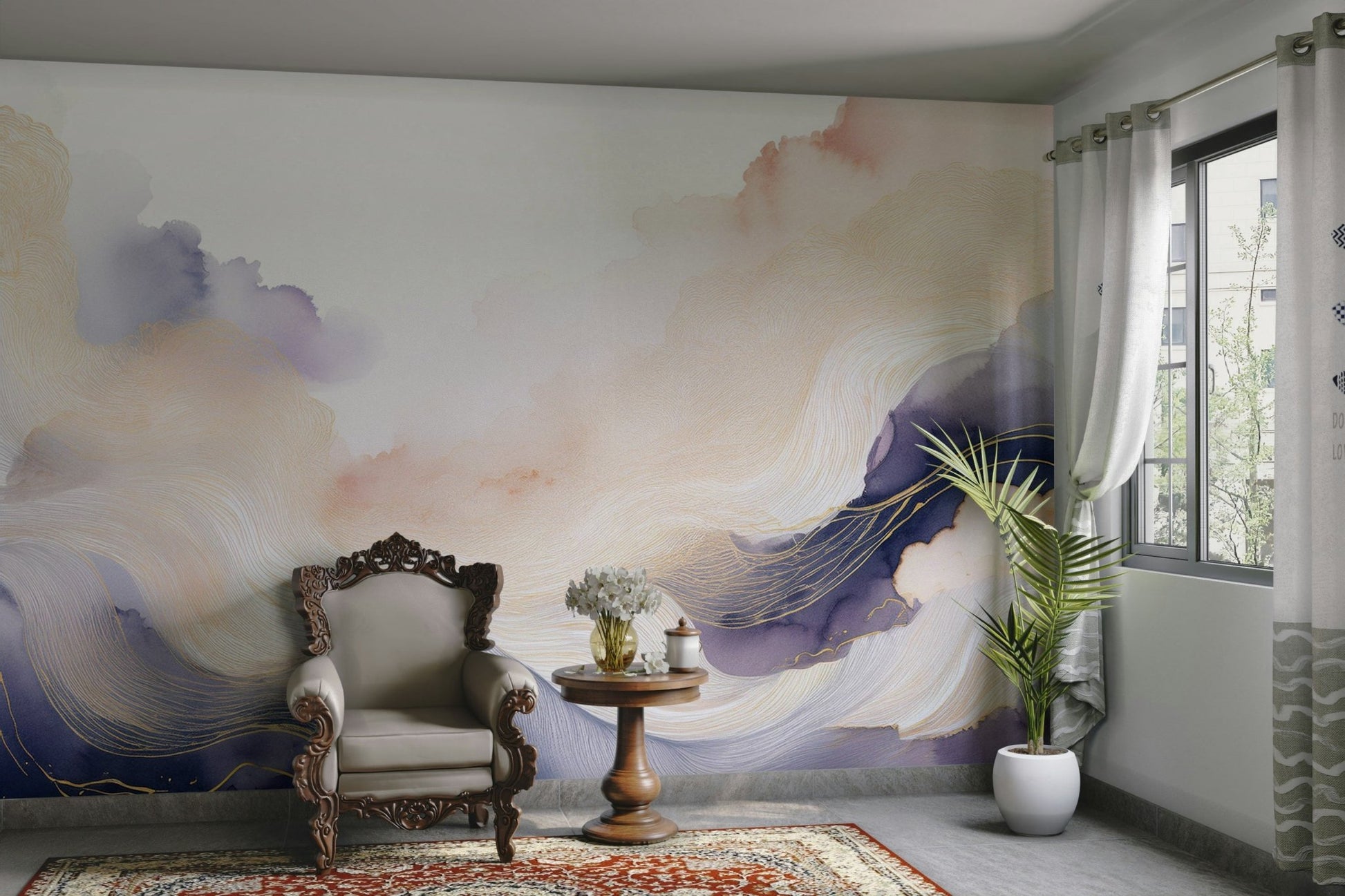 Soft lavender clouds mural for bedroom walls

