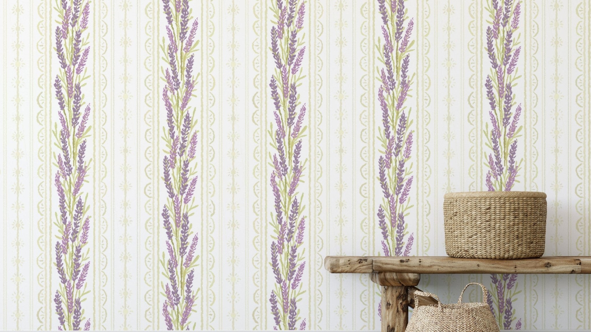 Lavender floral stripes on white background
