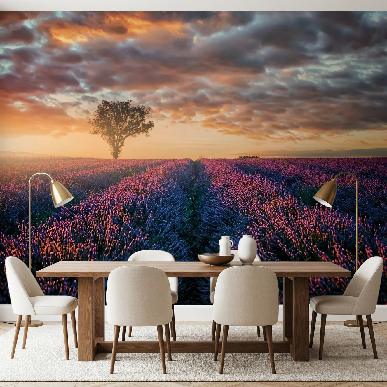 Dining room wall with Lavender Dawn Wall Mural under dramatic dawn clouds