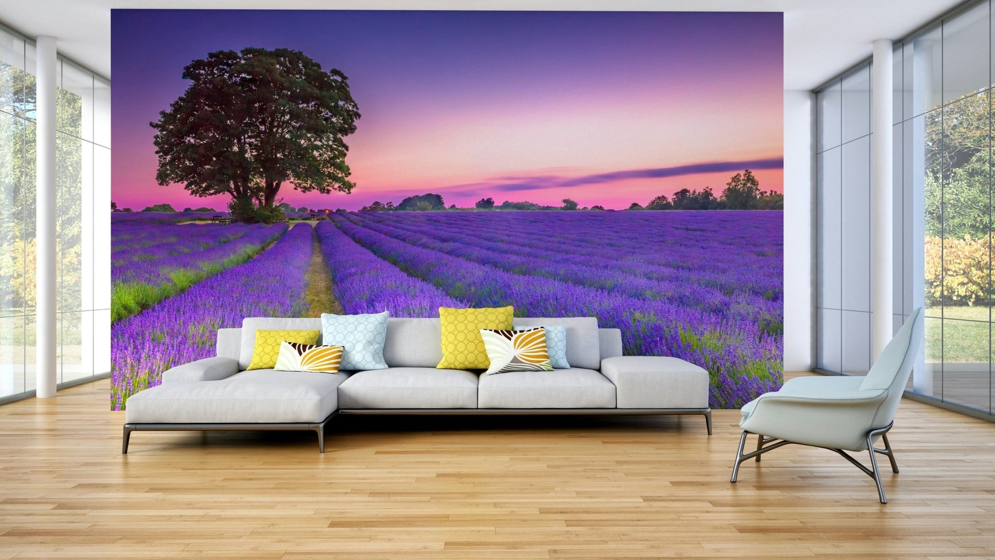 Golden hour over lavender field wall mural for tranquility.


