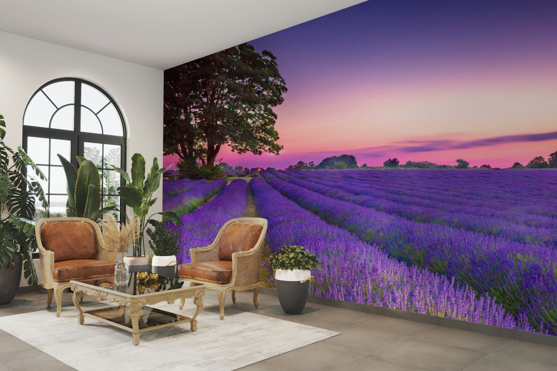 Lavender field at sunset mural for tranquil home design.


