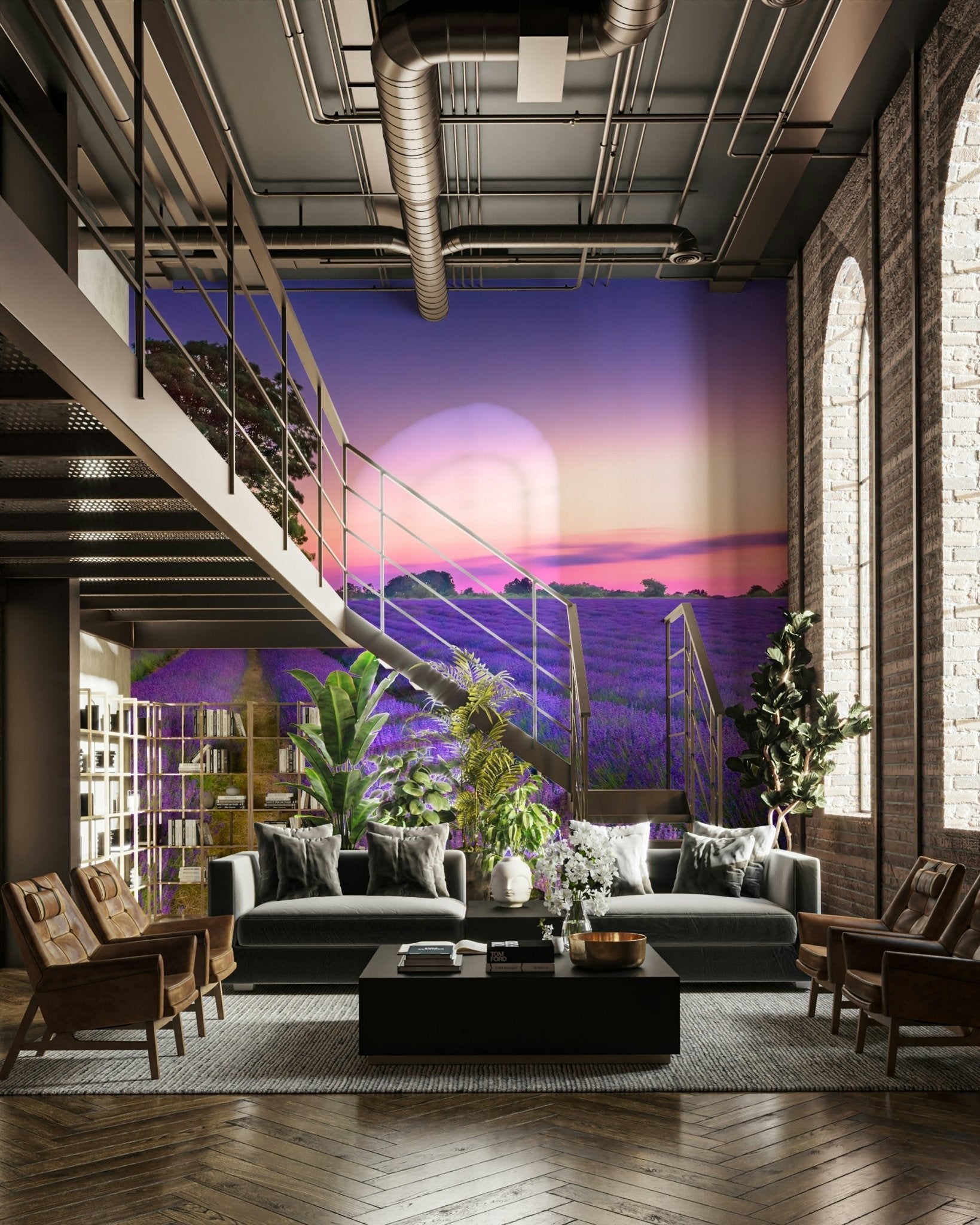 Golden hour lavender field mural to inspire relaxation.

