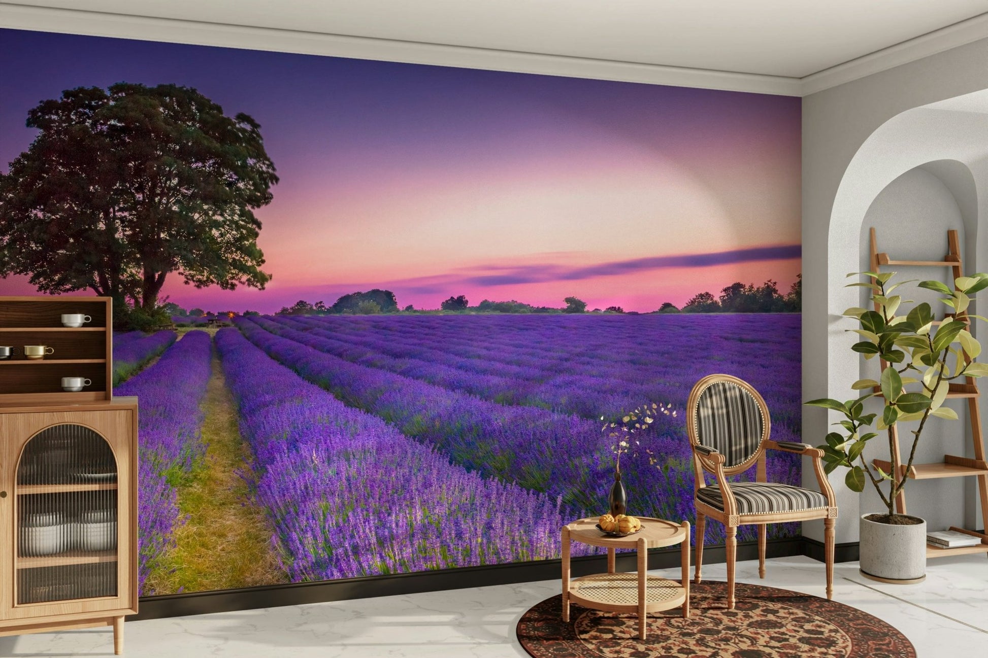 Soft lavender field mural in warm golden light at dusk.

