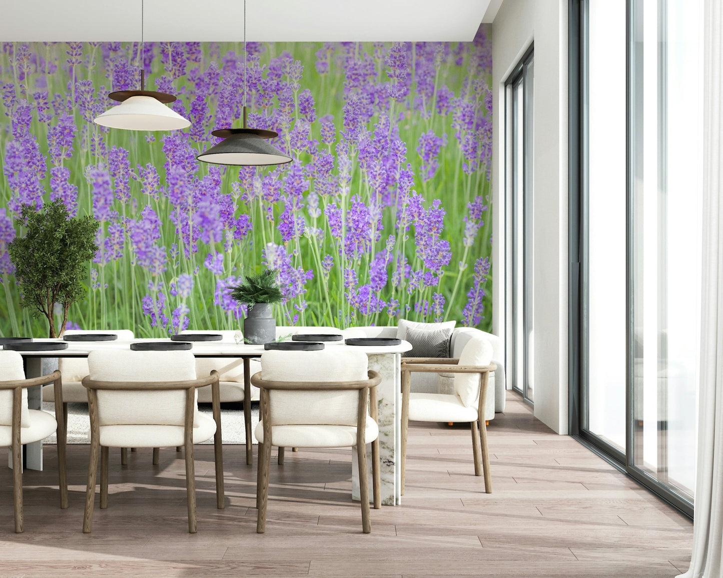 Charming floral Lavender Field Dream Wall Mural repeating design.