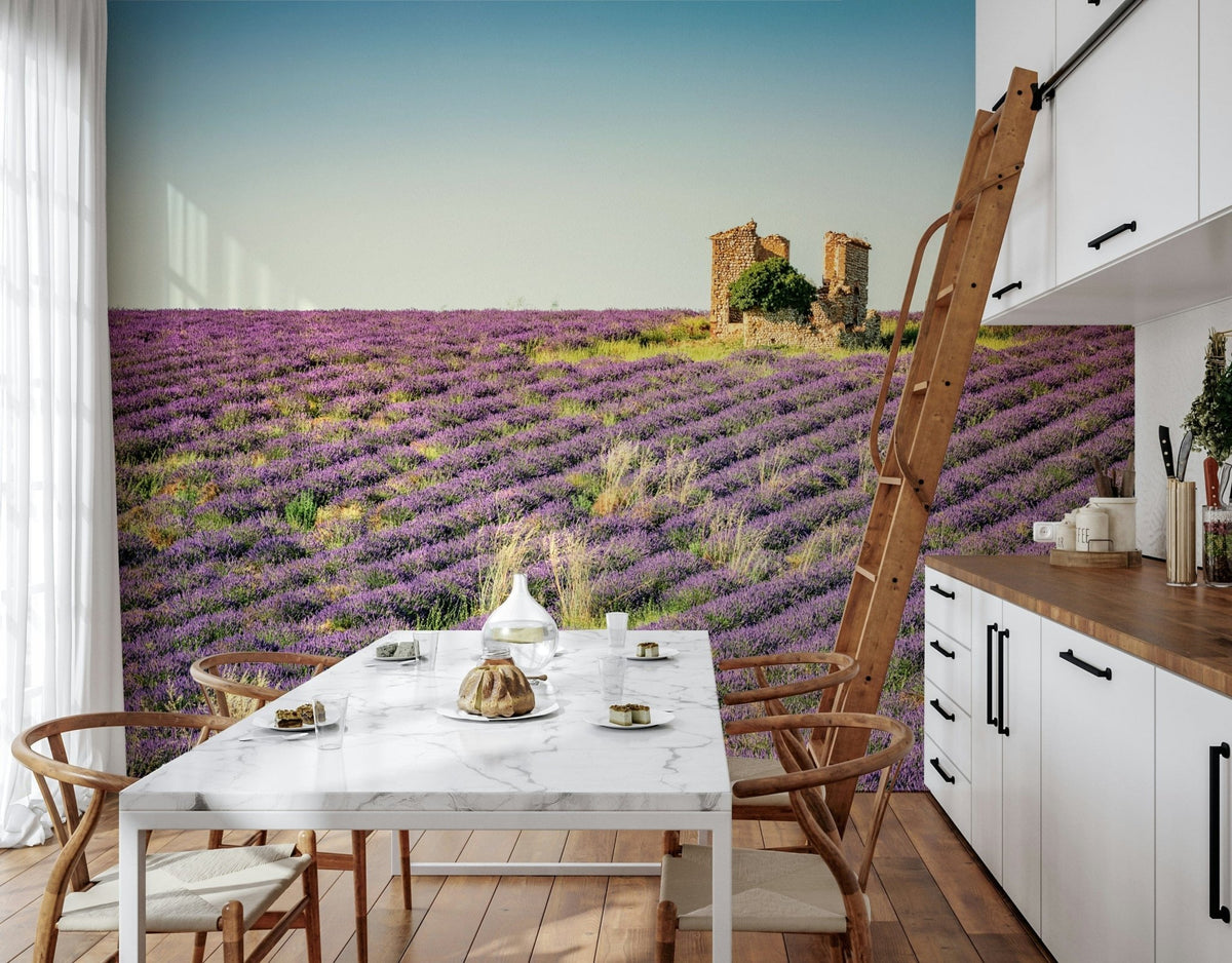 Lavender Field Sunset Wall Mural with blooming lavender rows GD7321
