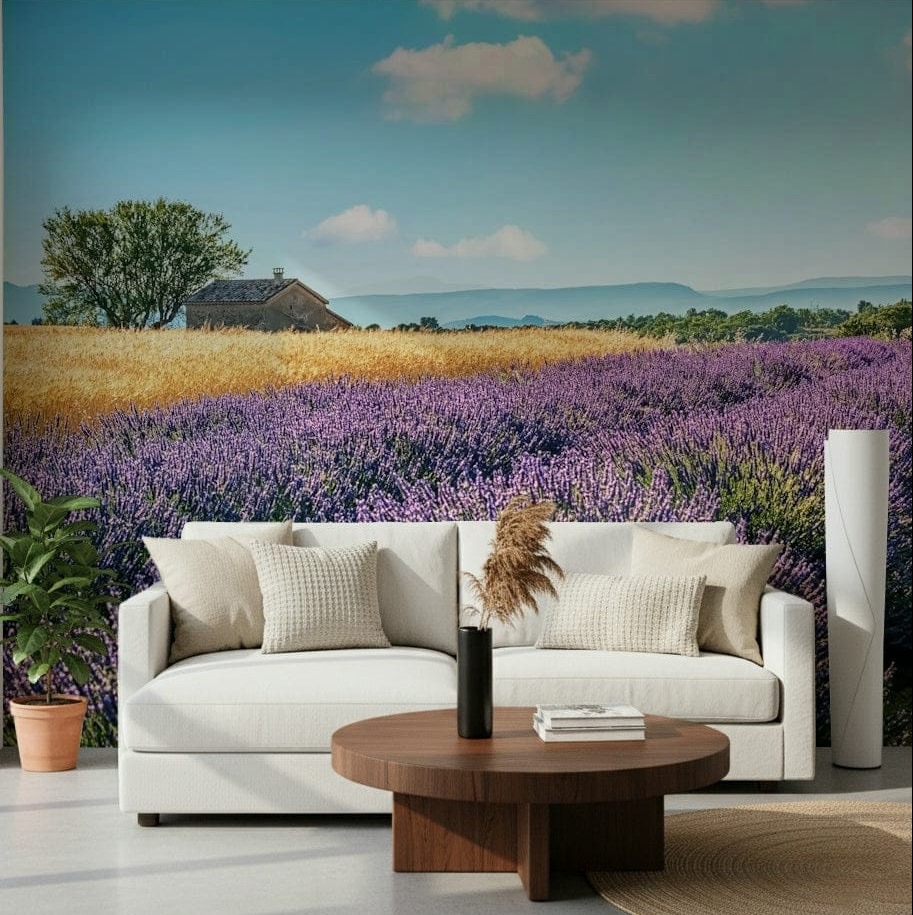 A bright lounge softened by Lavender Fields Escape Wall Mural and golden rural tones