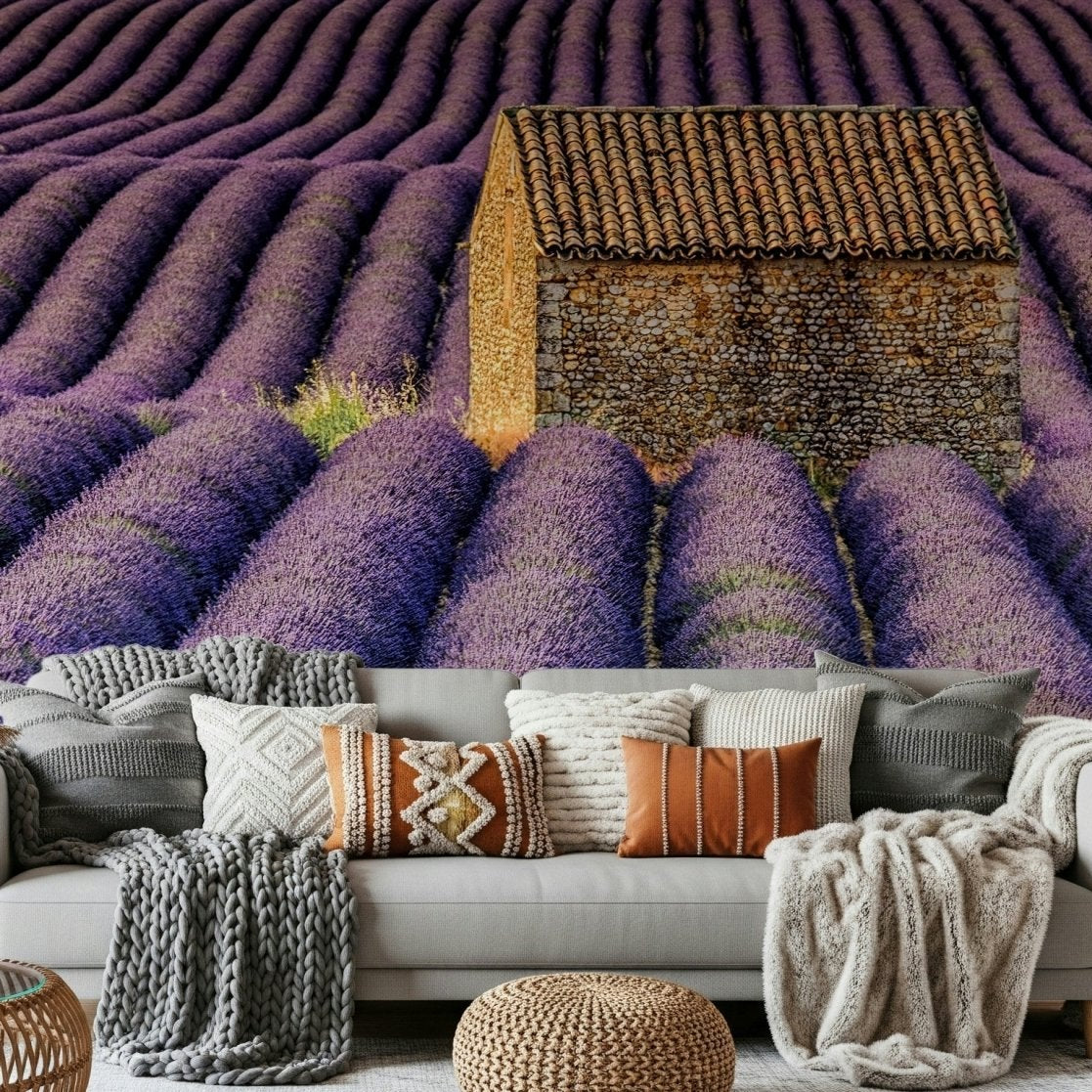A beautiful serene lavender field wallpaper mural for a modern home., GD5931