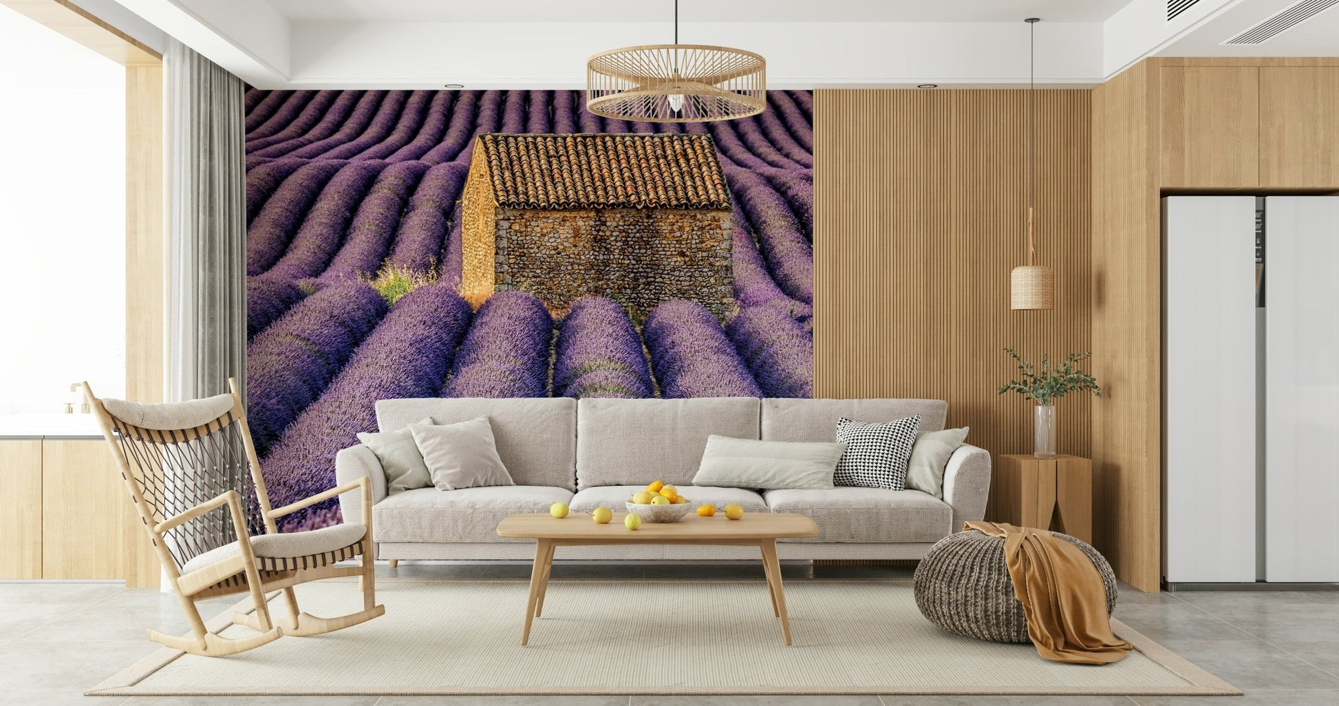 A peaceful open field mural on decorative wallpaper.
