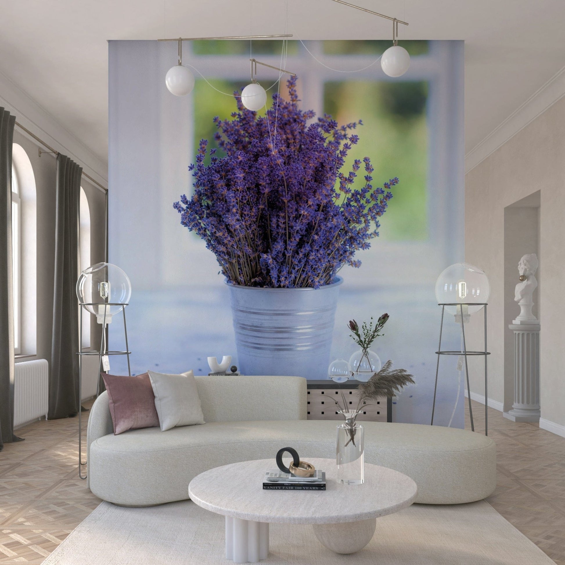 Fresh floral decor mural, dried lavender bunch, kitchen counter setting.
