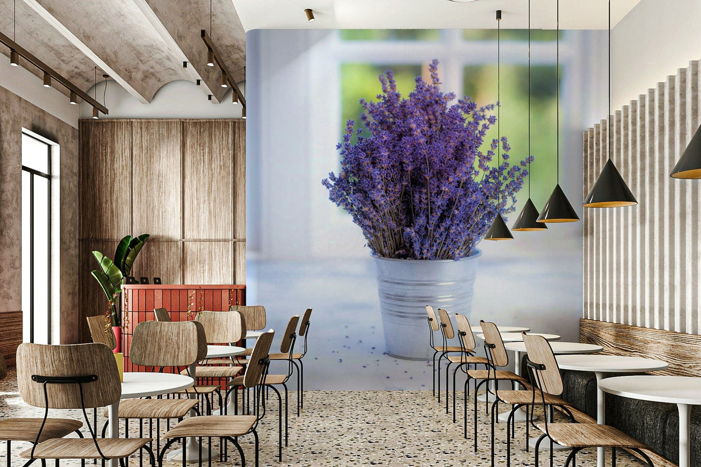 Aromatic wall mural, silver pail, bright natural light, Lavender in a Vase.