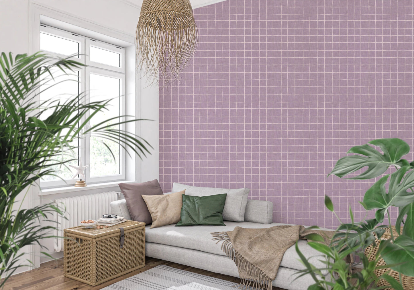 Pale purple linen grid wallpaper with weave detail.
