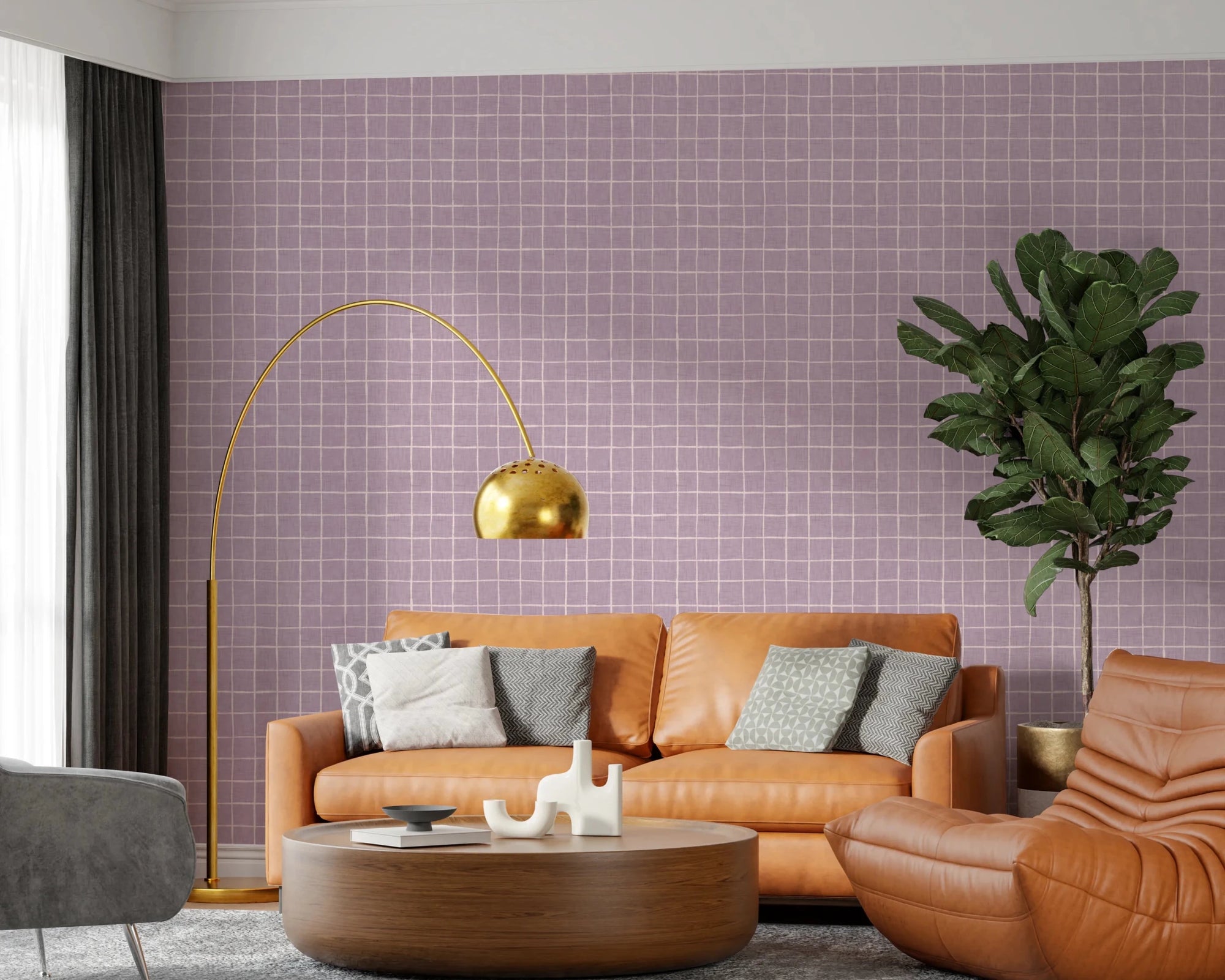 Lavender linen grid wallpaper with fabric texture., GD8462