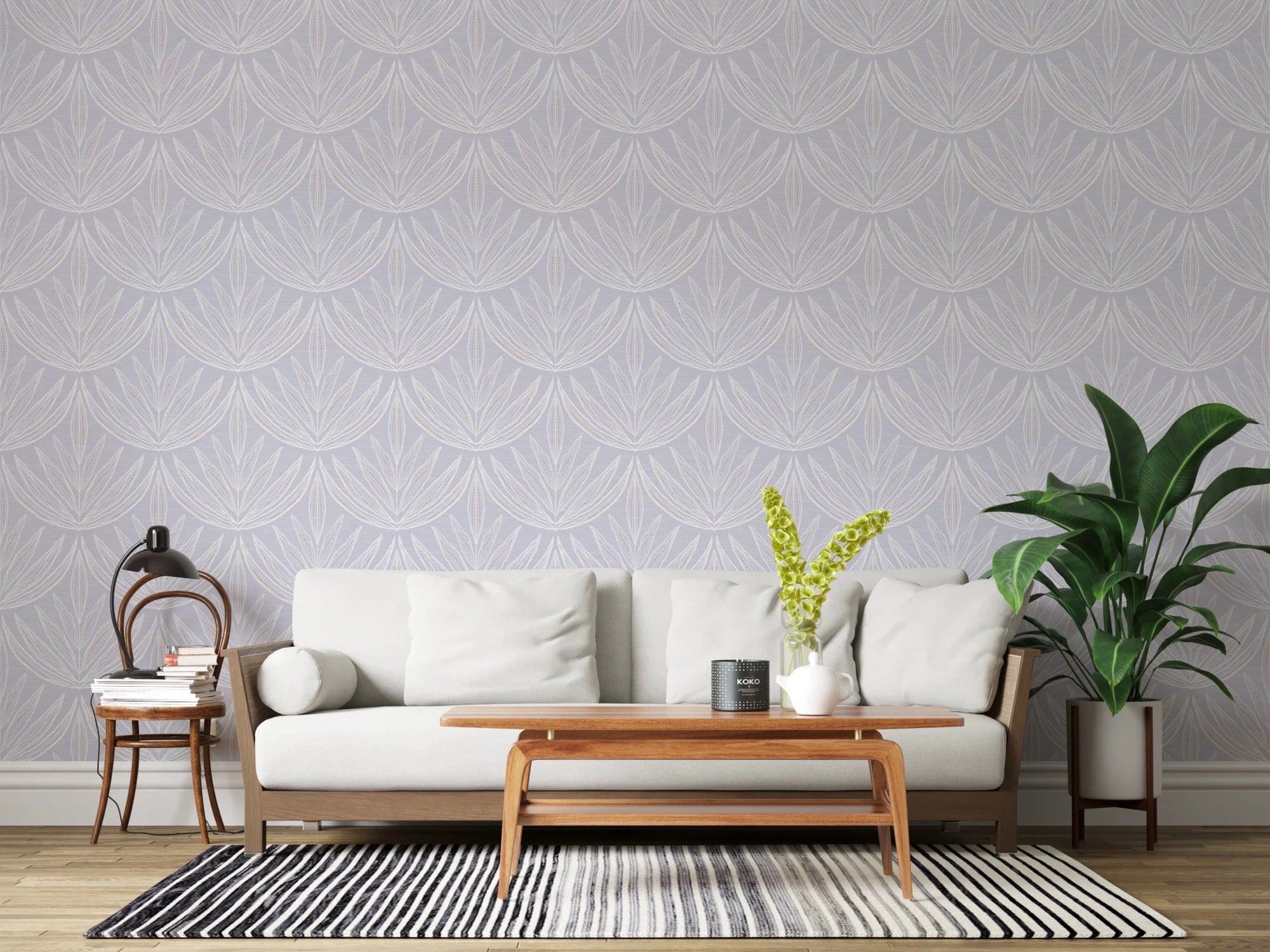 Living room setup with Lavender Lines Wallpaper behind a light sofa and wooden table, GD8331
