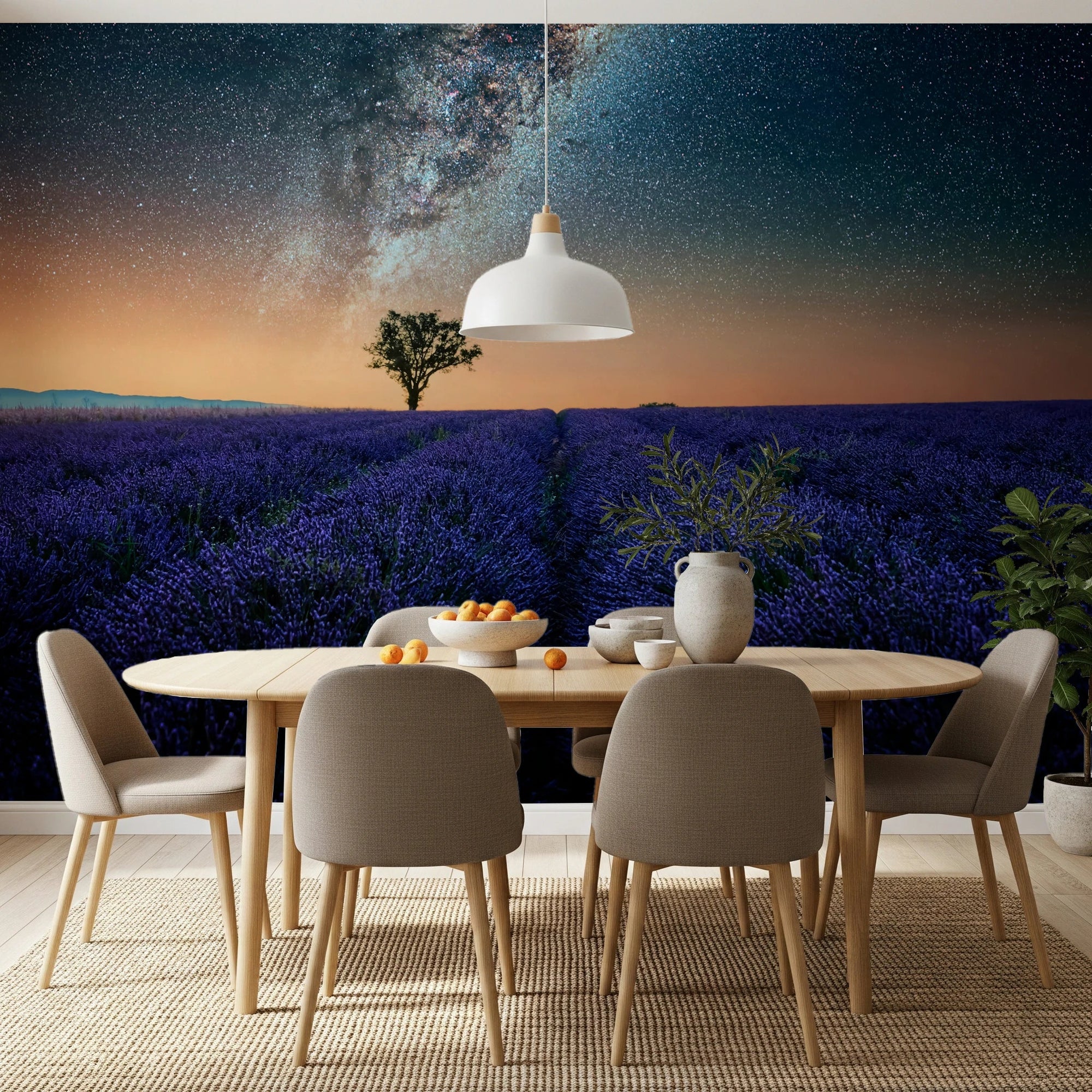 Dining room with Lavender Night Wall Mural and starry lavender field, GD8074