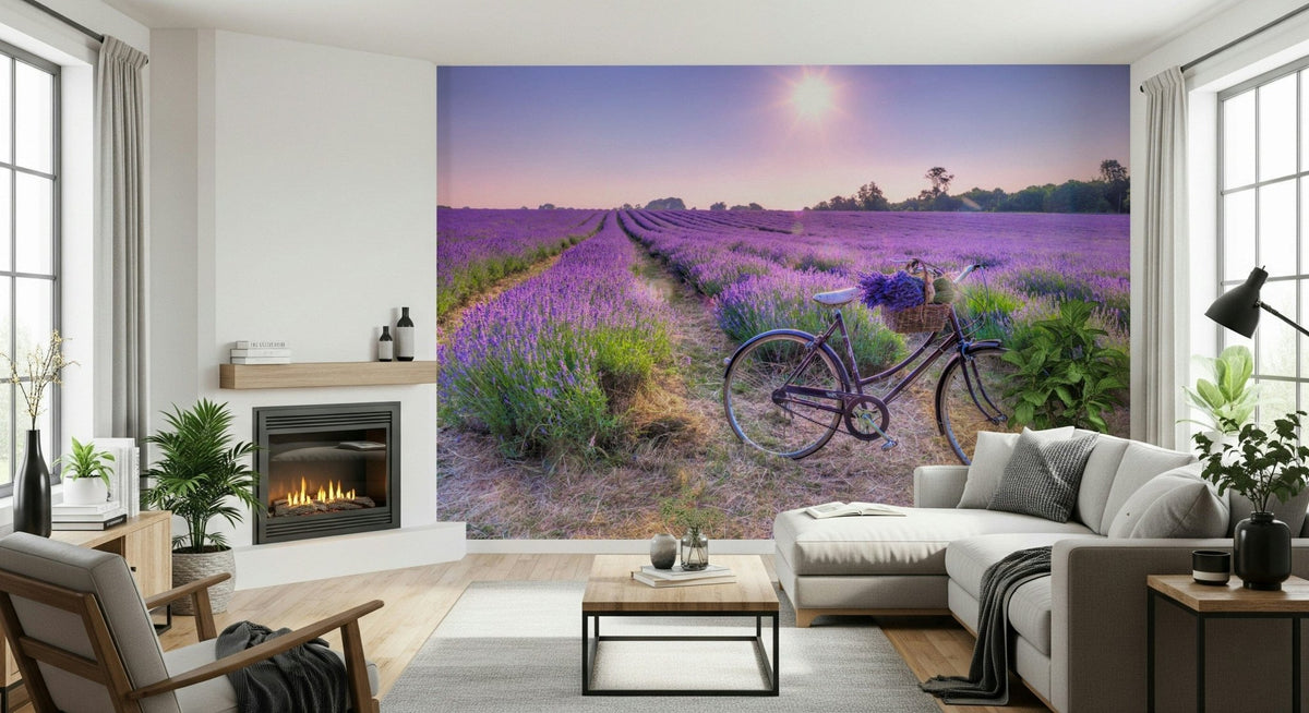 Lavender Ride Wall Mural with painterly purple blooms and a winding rural path, GD6832