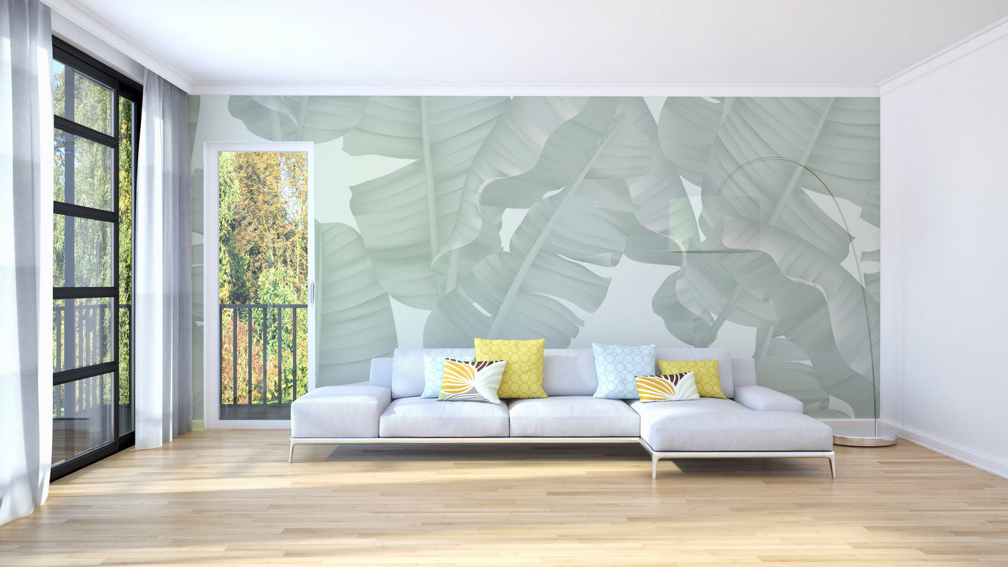 Chic green tropical mural with banana leaves
