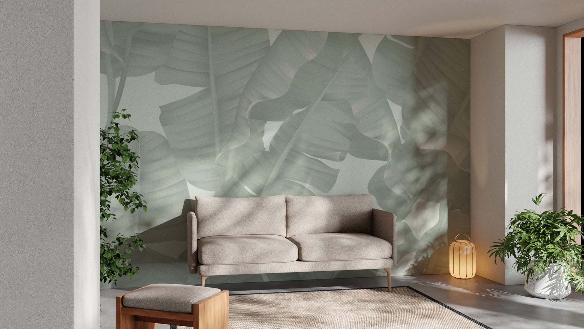 Minimalist banana leaves green wallpaper mural
