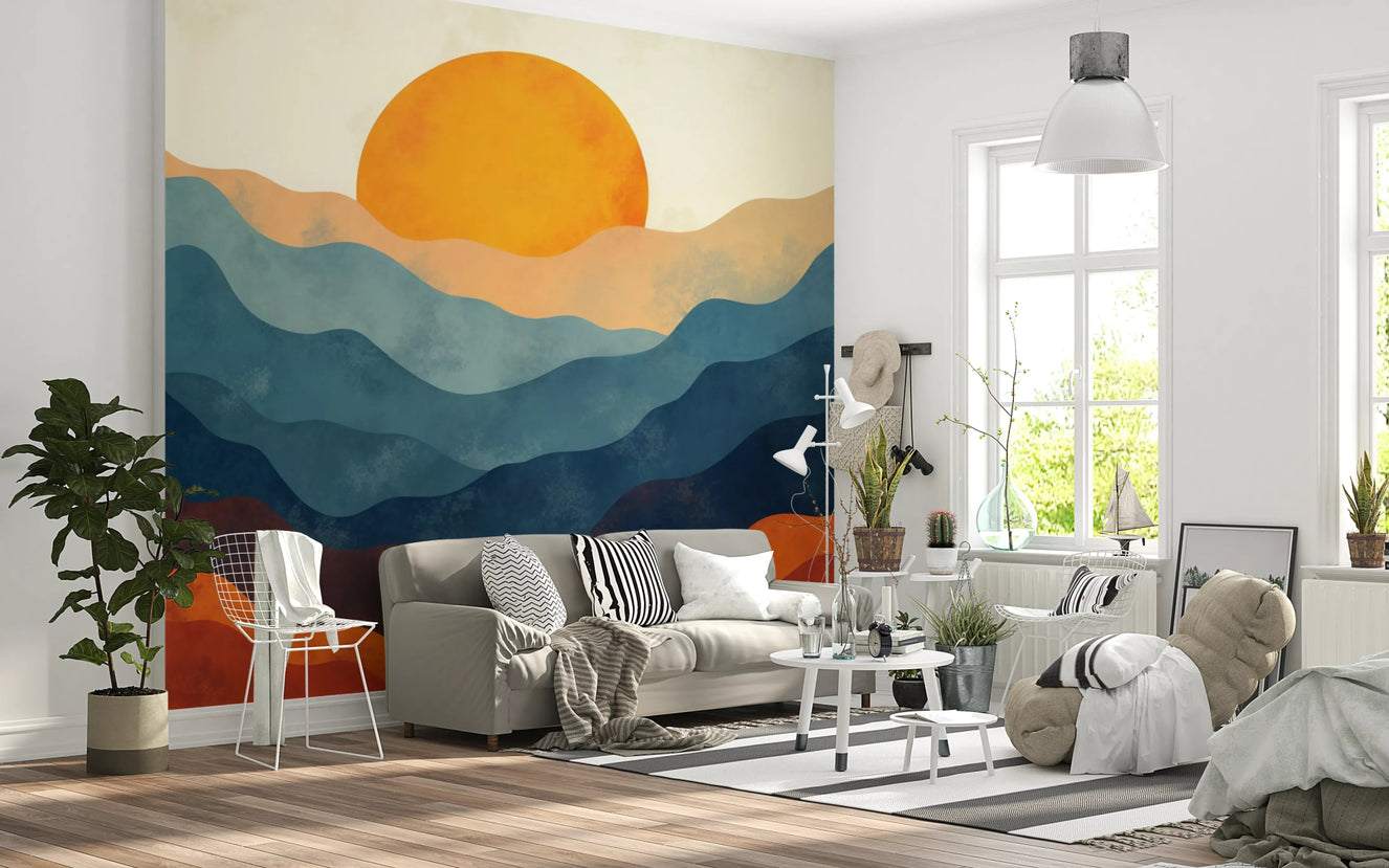 Layered Horizon soft blue mountain silhouettes in a modern living room.