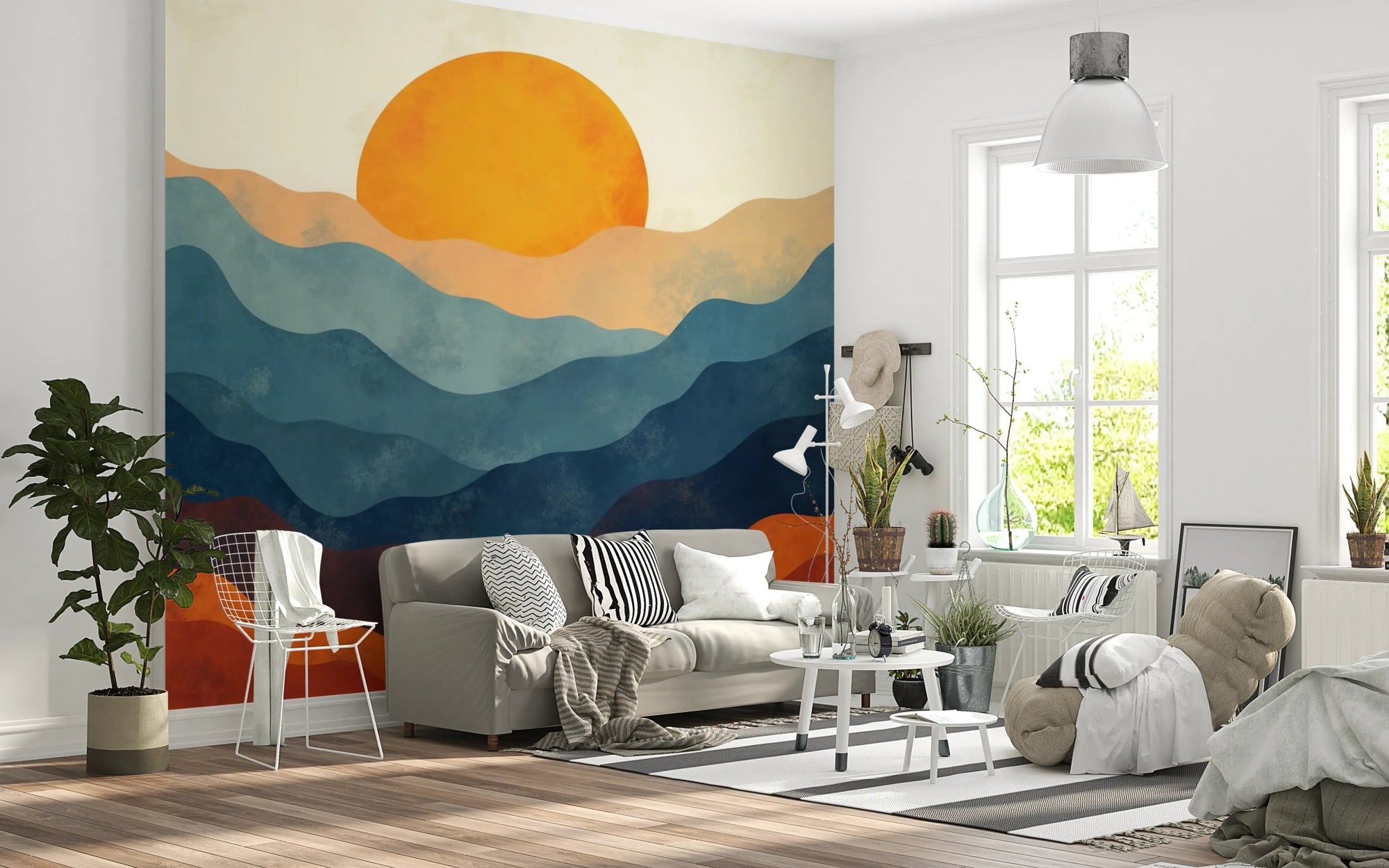 Layered Horizon soft blue mountain silhouettes in a modern living room., GD8010