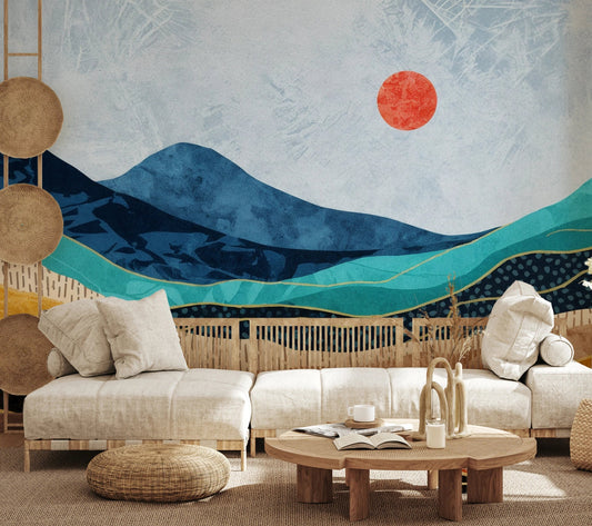 Layered Landscape Wall Mural brings bold mountain colour bands to a cozy lounge