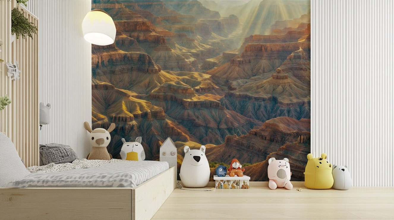 A peaceful wall mural with a view of a canyon.

