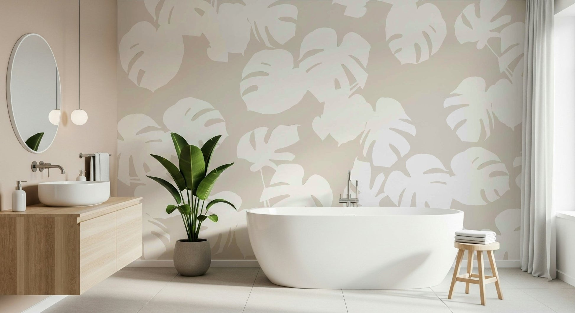A contemplative leaf design wallpaper mural for a feature wall.