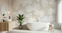A contemplative leaf design wallpaper mural for a feature wall.
