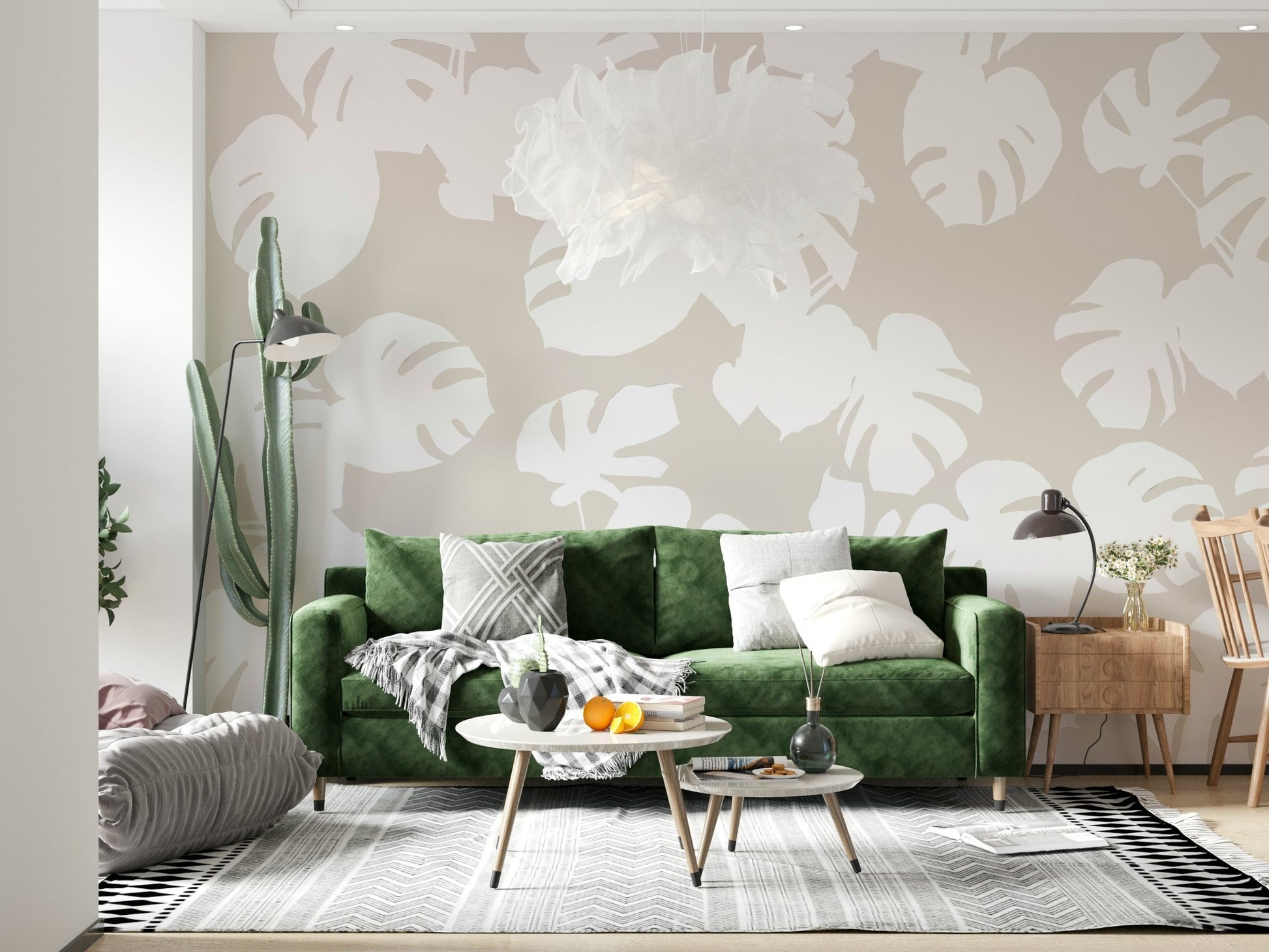 An artistic lush foliage mural on minimalist wallpaper.