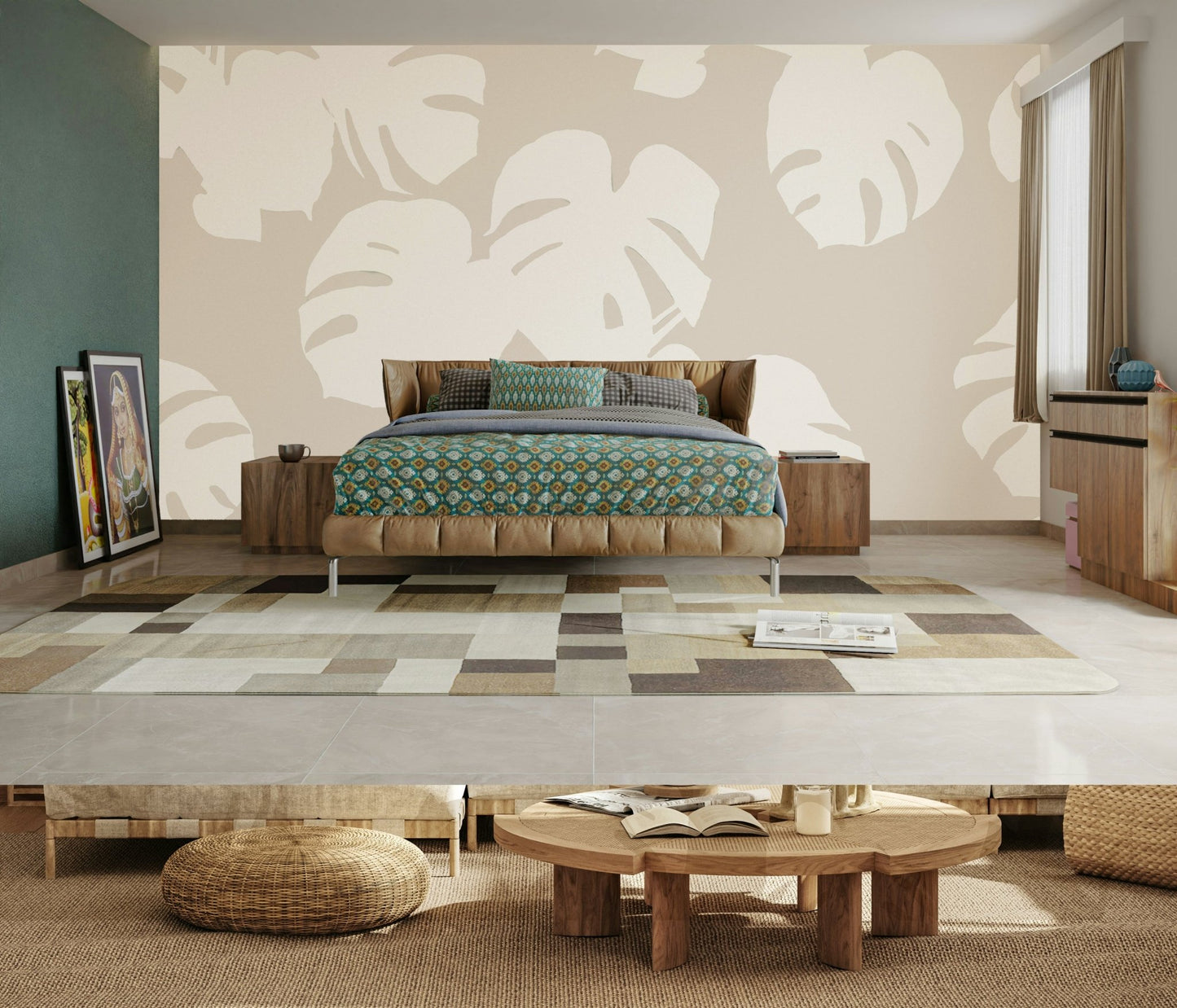 A calming foliage design wallpaper mural that defines a space.