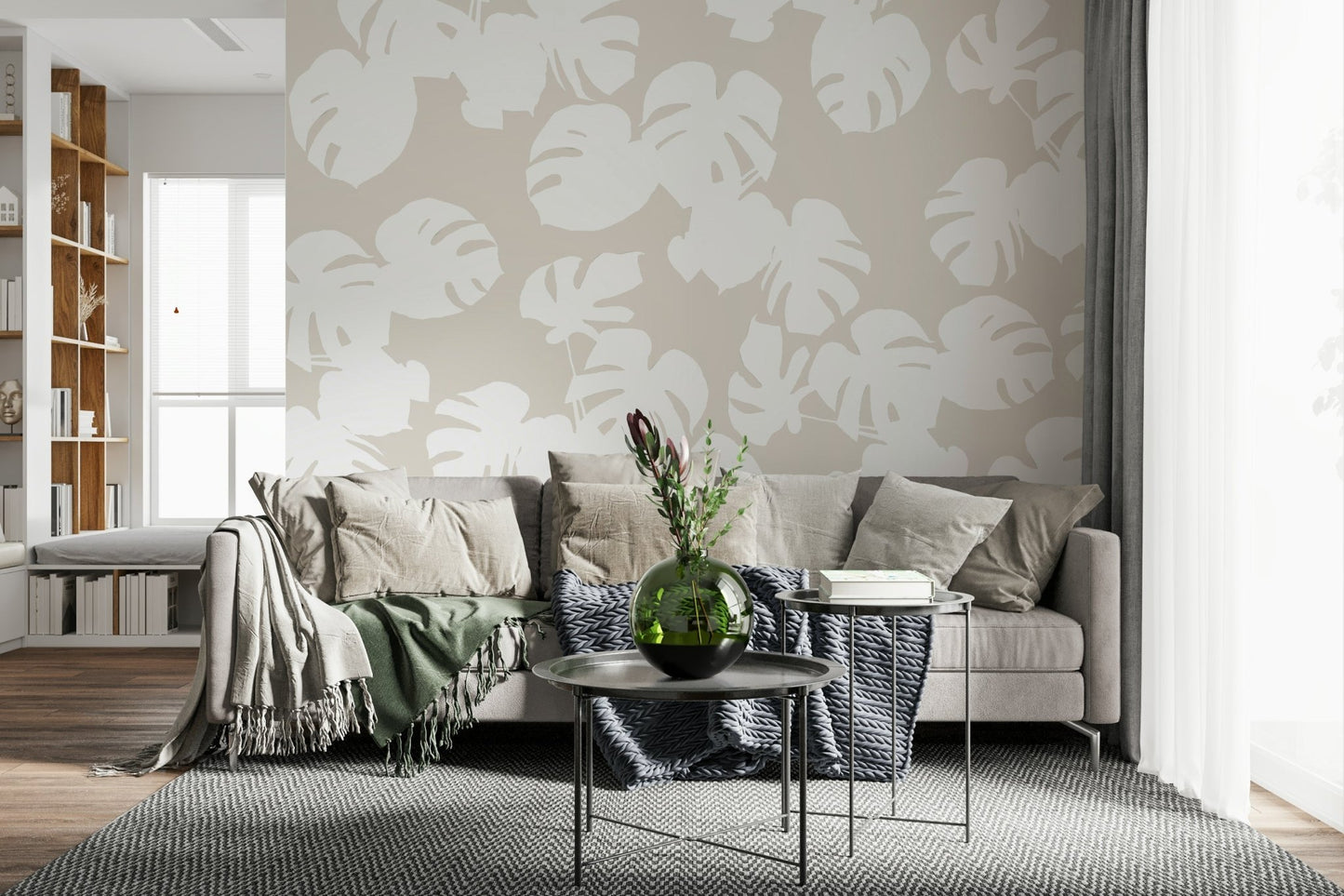 A beautiful serene leaf wallpaper mural with subtle, repeating patterns.