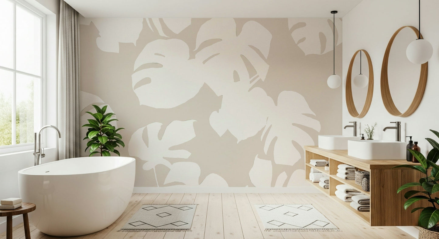 A graceful subtle leaf wall mural in cool, natural tones.