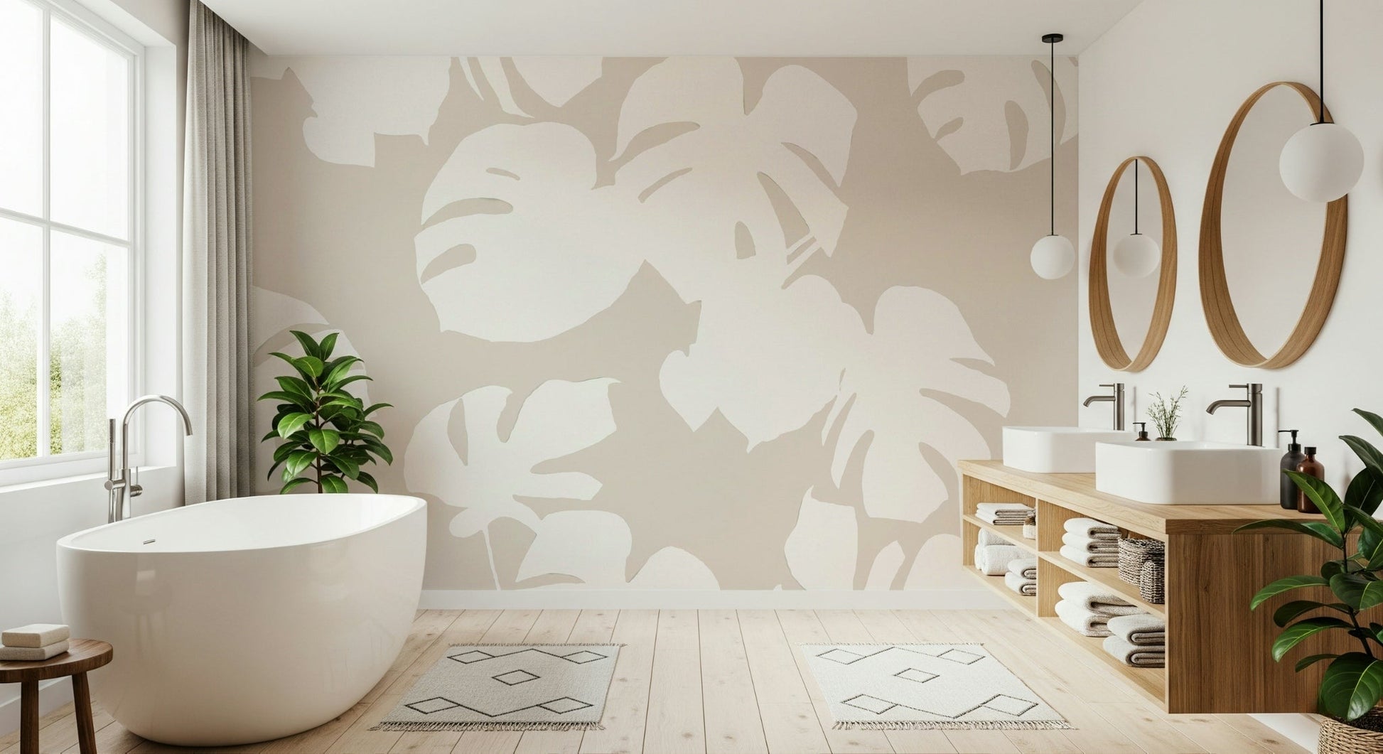 A graceful subtle leaf wall mural in cool, natural tones.