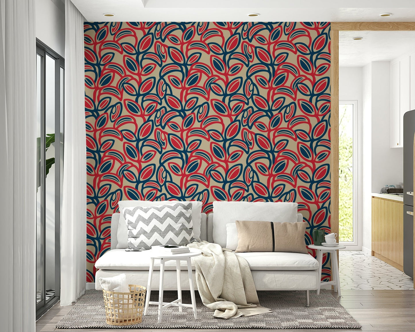 Interior design with colorful wallpaper.

