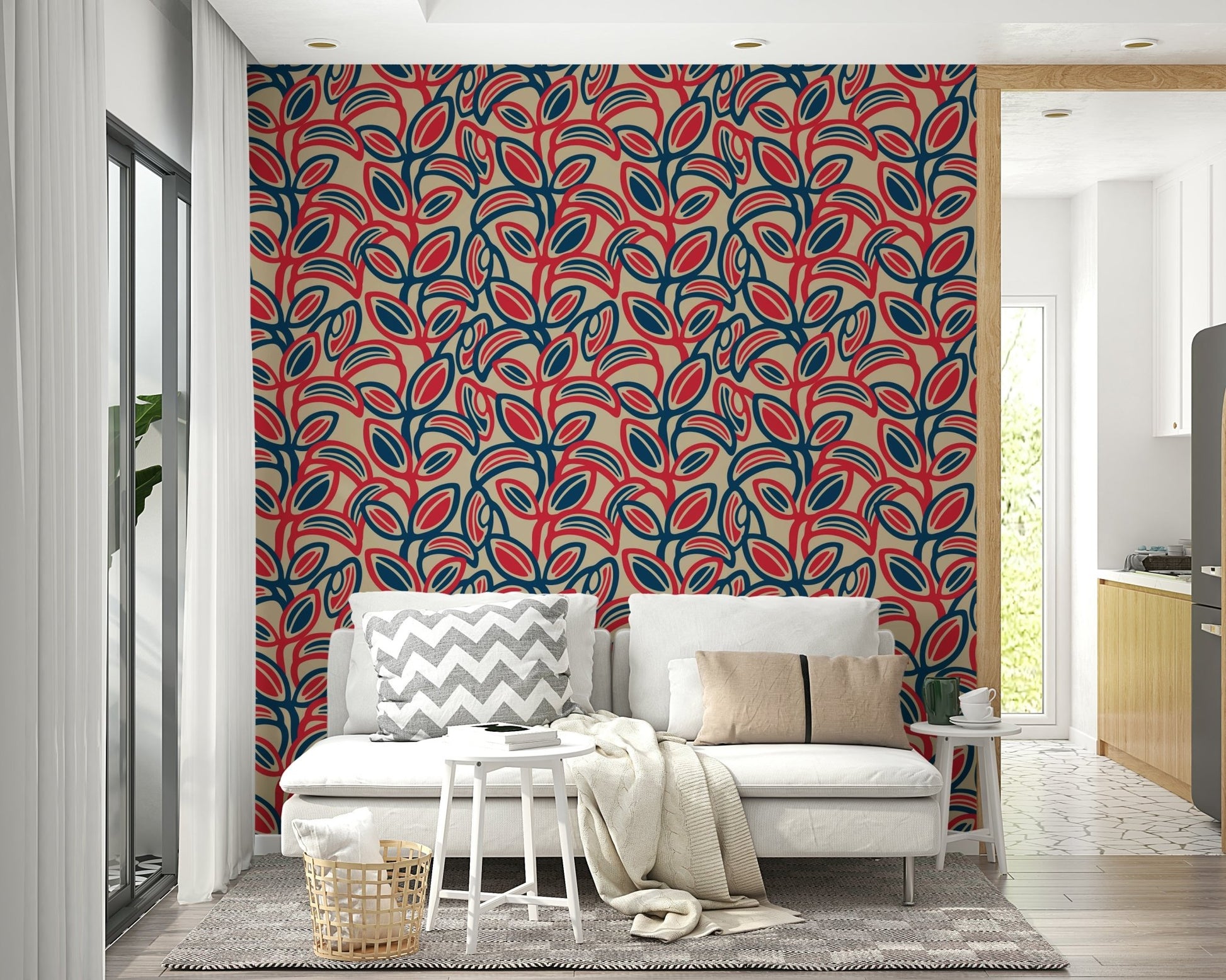 Interior design with colorful wallpaper.

