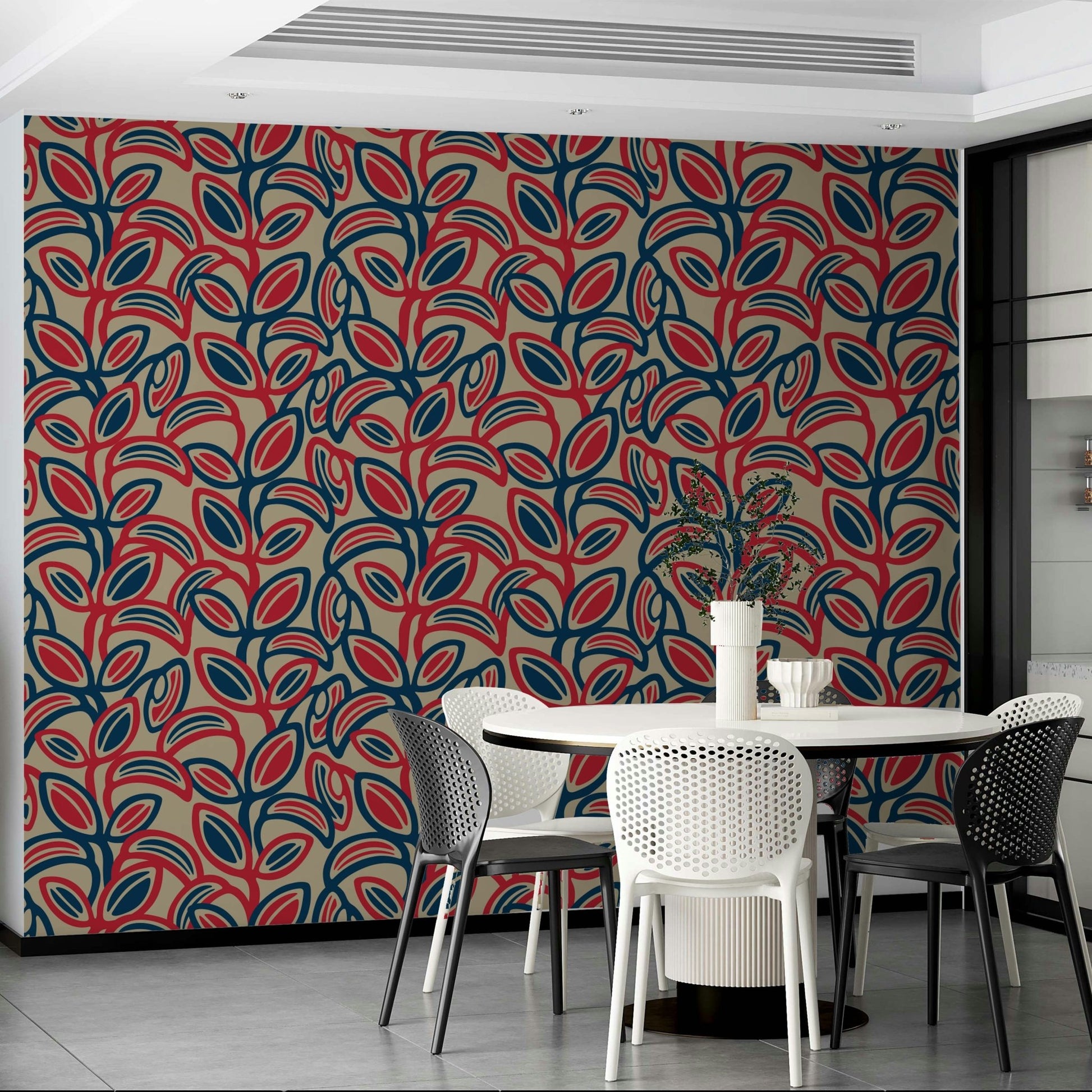 Accent wall with retro leaf motif.

