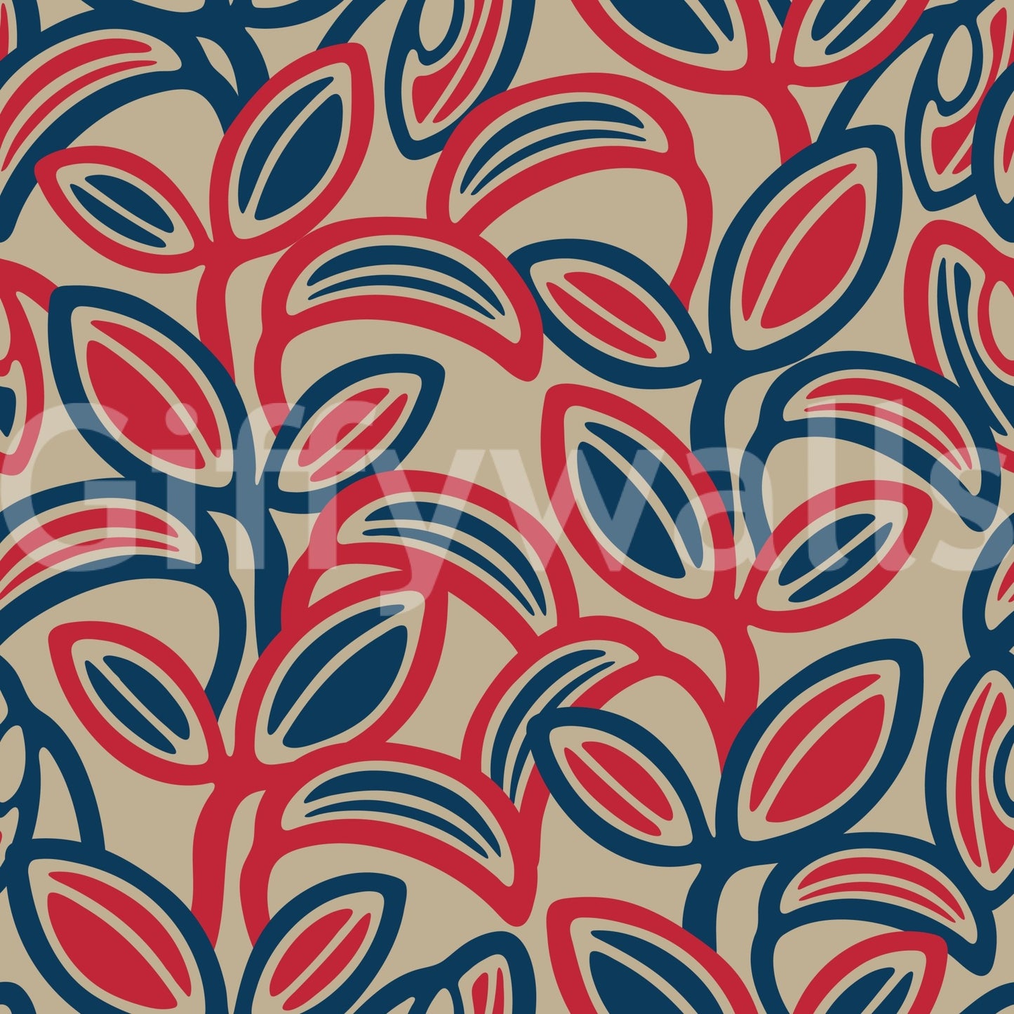 Graphic leaf artwork on a wall.

