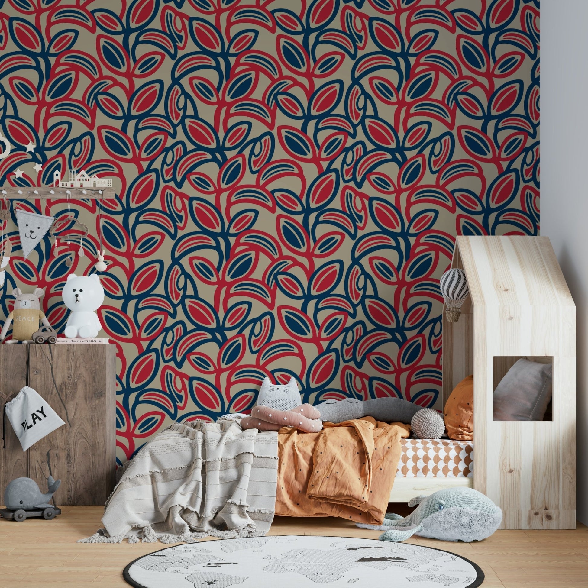 Playful leaf pattern in bold colors.

